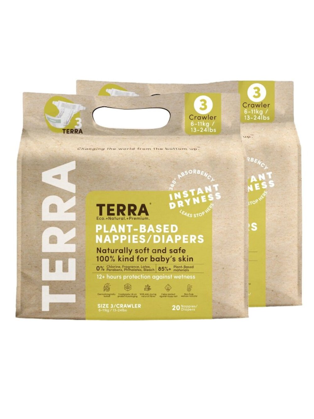 Terra Diapers Size 3, Pack of 2, Plant-Based Diapers Total 40 Diapers